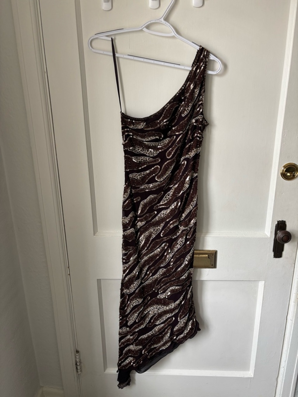 Asymmetrical Womens Sequin Embellished Dress in Brown and Cream